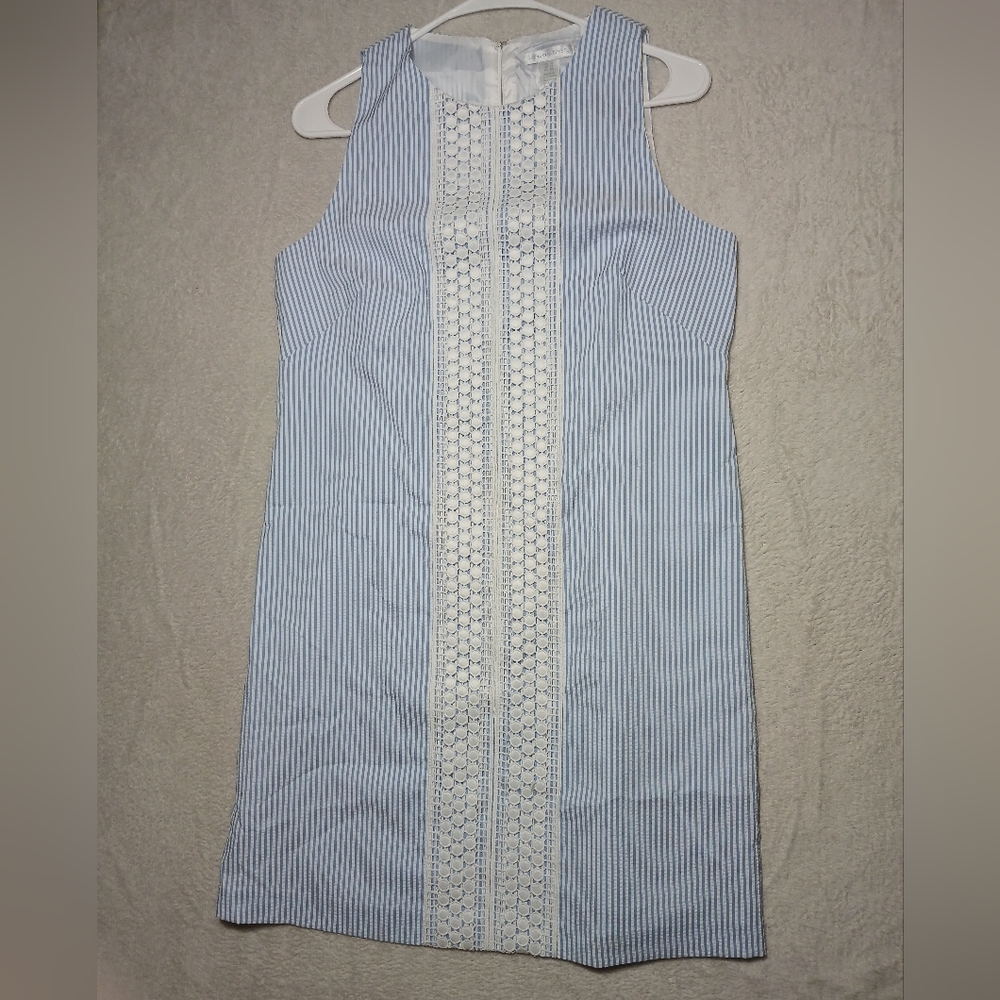 London Times Blue & White Striped Sleeveless Shift Dress with Lace Panel Size 8
